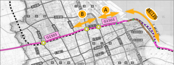 b段东起江杨北路,与a段衔接,西止规划富长路,与现状g1503郊环相接,全