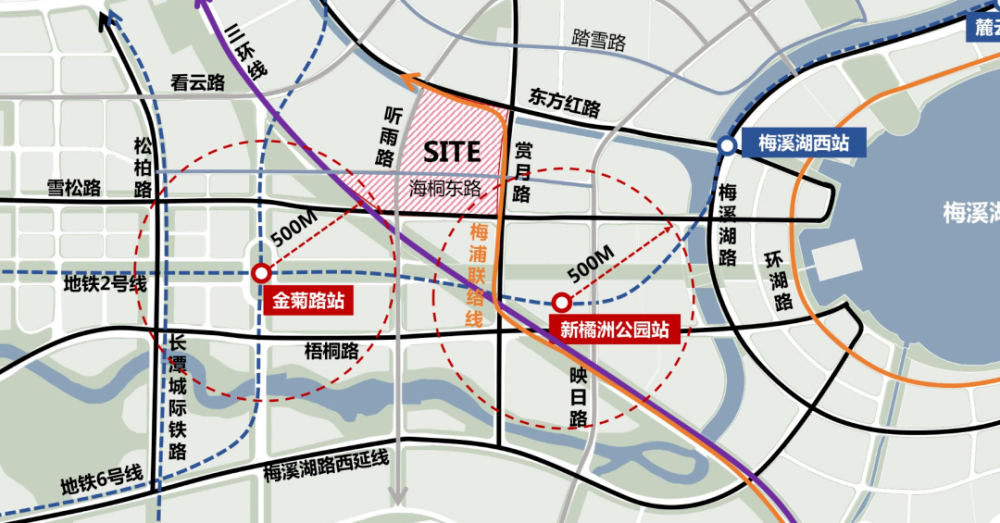 湘江新区的最新答复为:临赏月路及三环线绿带处规划预留了梅浦联络线