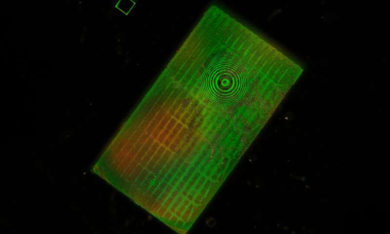 镜头的俯视图照片,显示了已制造的超表面(绿色区域)