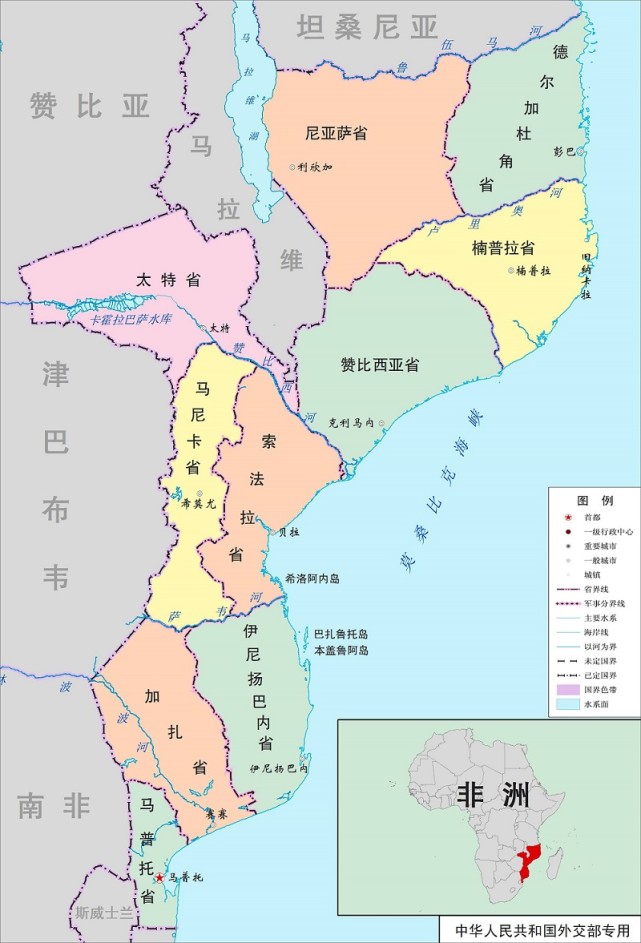 与马达加斯加相望,南邻南非,斯威士兰,西界津巴布韦,赞比亚,马拉维