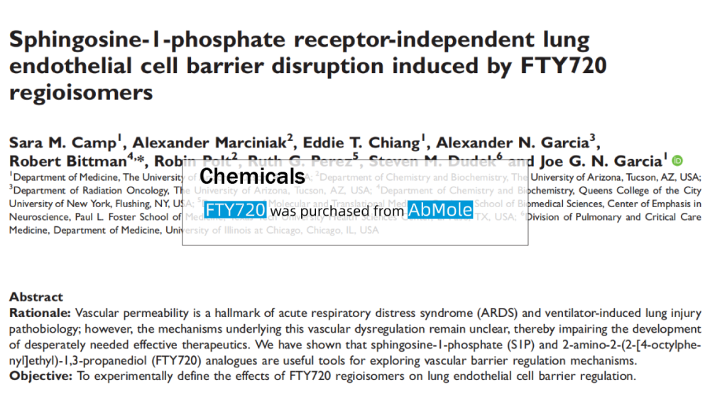 急性呼吸窘迫综合征|【AbMole科研】FTY720区域异构体诱导的肺内皮细胞屏障破坏