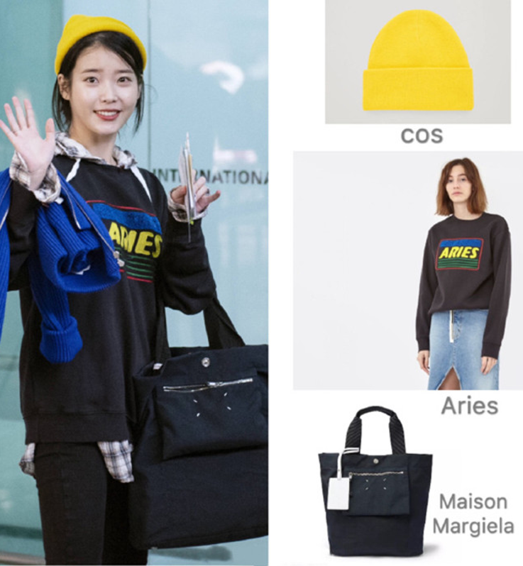 穿搭 look 1 :cos黄色毛线帽 aries卫衣 maison margiela黑色帆布包