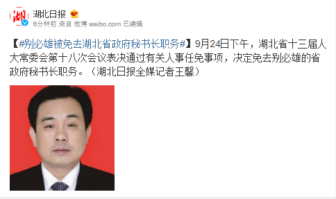 别必雄被免去湖北省政府秘书长职务