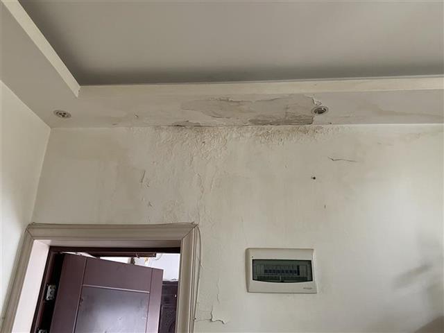 屋外正下着雨,周爹爹家客厅屋顶有两处明显漏水点,两处墙面均已经掉皮