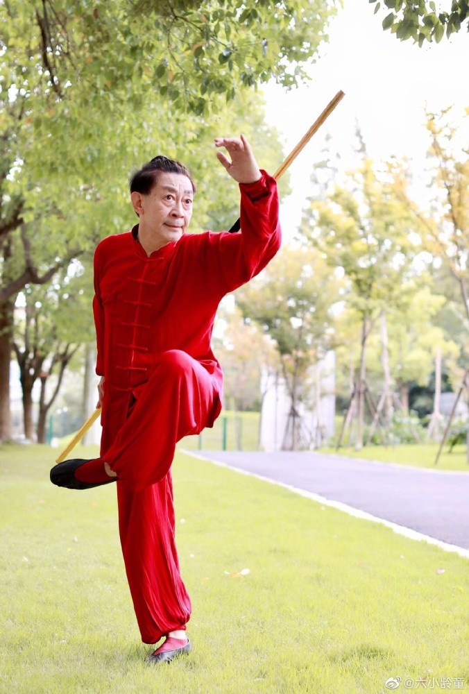 61岁六小龄童穿红衣扎小辫公园爬铁丝网演悟空经典动作风采依旧