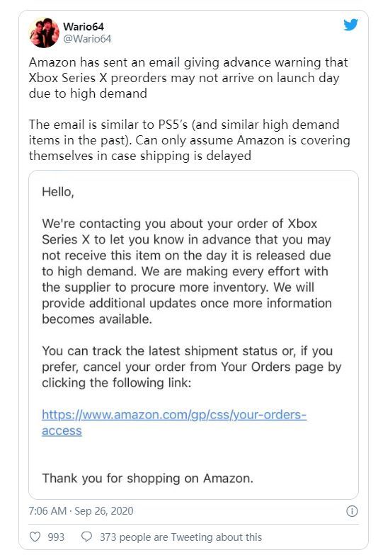 亚马逊通知xbox Series X预购客户 因需求量大或无法在发售日当天到货 腾讯新闻