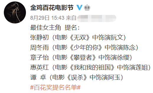 百花奖|《我和我的祖国》获百花奖最佳影片 黄晓明周冬雨分获最佳男女主角