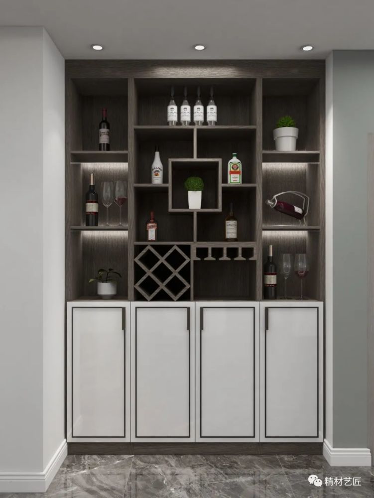 嵌入式酒柜设计 深色木纹柜体和纯色门板形成纹理对比,色彩搭配更有