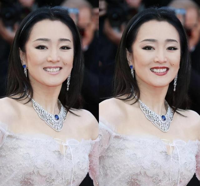 对比其他现在流行锥形脸,换上大红唇的效果.