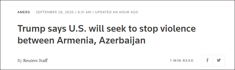 特朗普回应阿塞拜疆亚美尼亚冲突：有意介入调停 亚美尼亚和阿塞拜疆冲突已致至少23人死亡阿塞拜疆多个地区进入战时状态