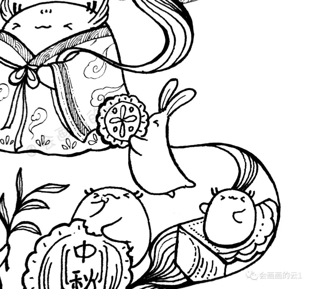 线描画个仙气飘飘的小白一起过中秋月圆人团圆