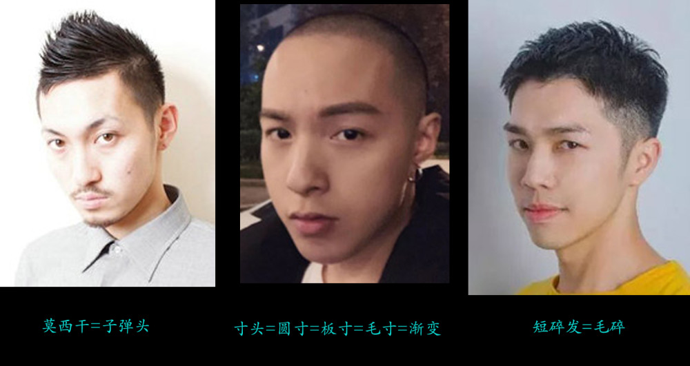 【莫西干=子弹头,寸头=圆寸=板寸=毛寸=渐变,短碎发=毛碎】在这里