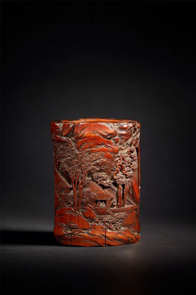 清 王梅邻 竹雕秋声赋读书图笔筒