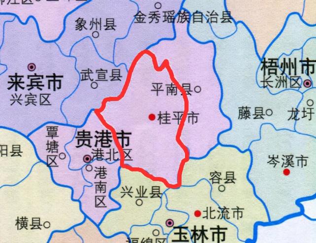 北流市,兴业县,西交贵港市港南区,港北区,北接武宣县,金秀瑶族自治县