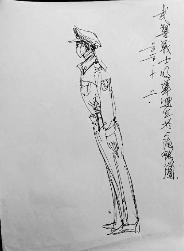 在画像旁有一段文字,注明了是给豫园执勤武警战士的速写画.