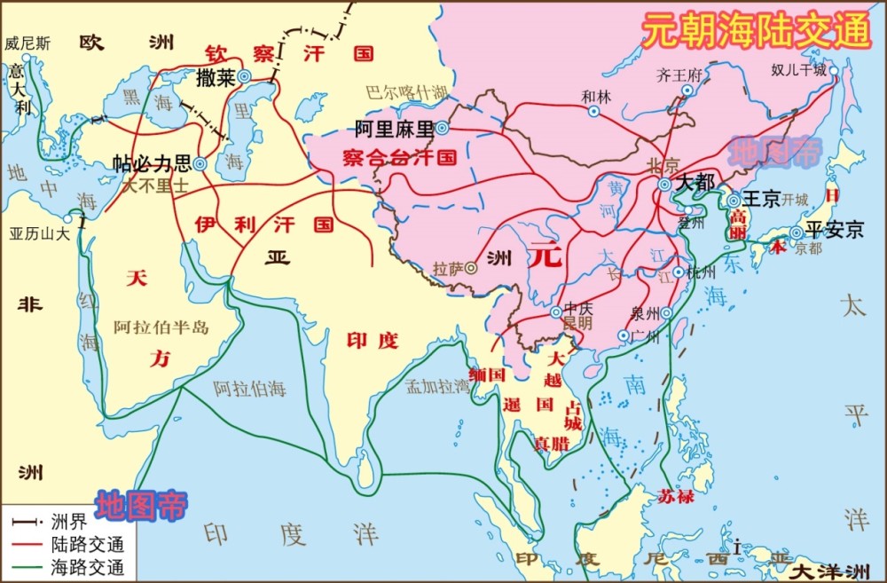图-元朝海陆交通示意图同时,杭州作为江浙首府和运河最南端,又成为各