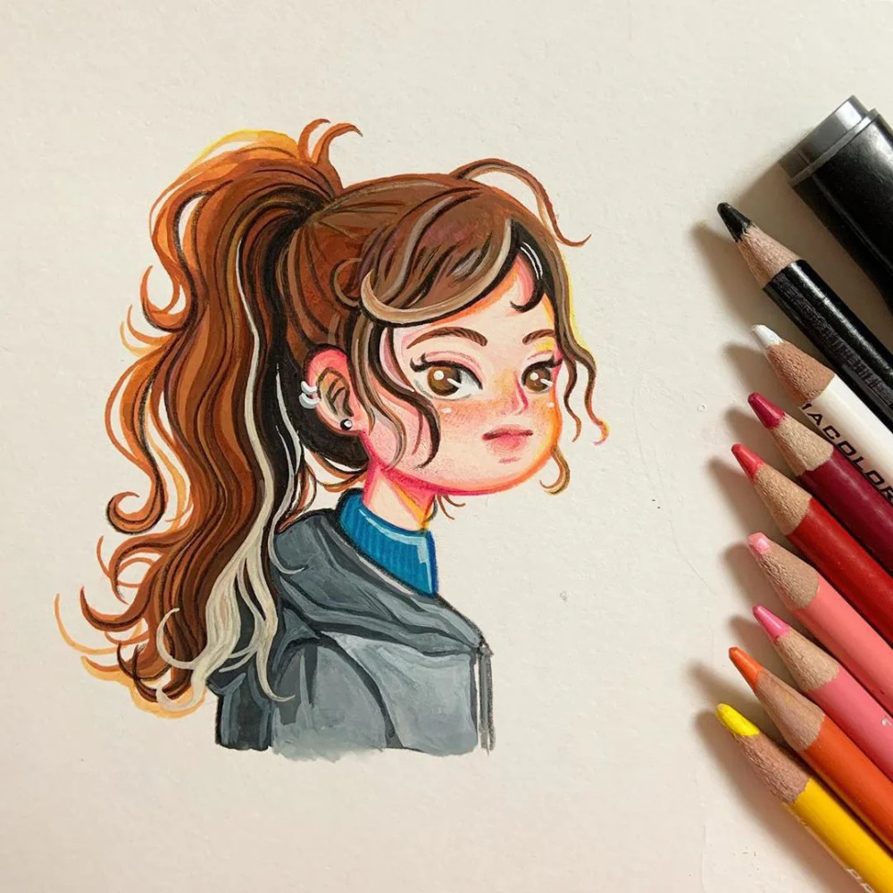 活泼可爱的彩铅水彩人物插画