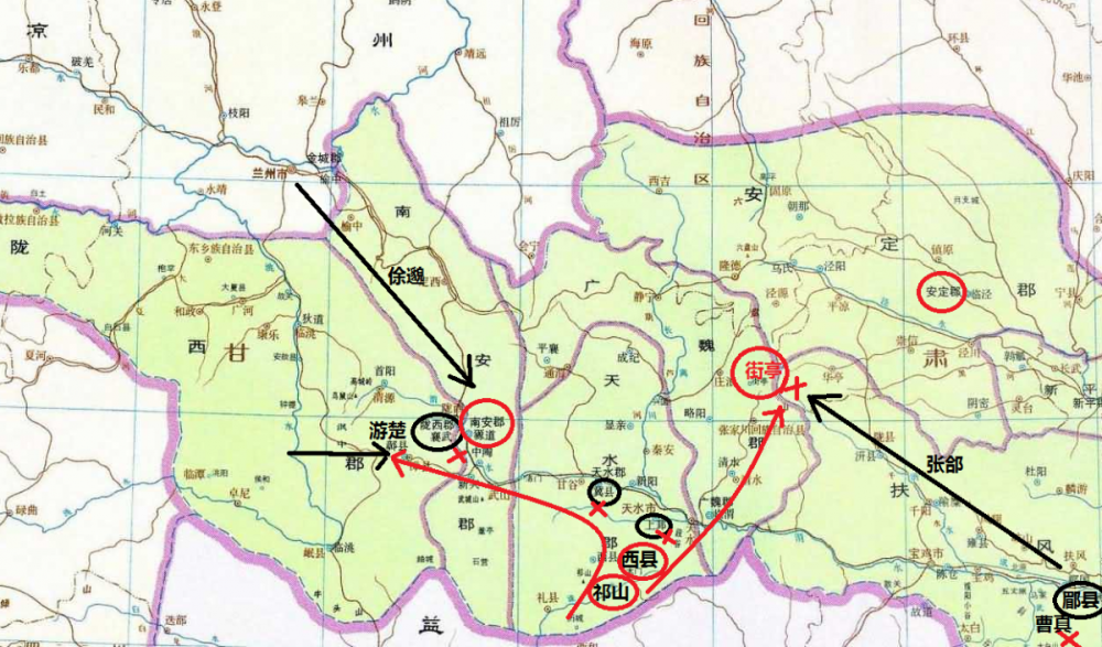 注7:沮縣即今陝西勉縣茶店鎮,位於蜀漢漢中郡與曹魏武都郡交界處;祁山