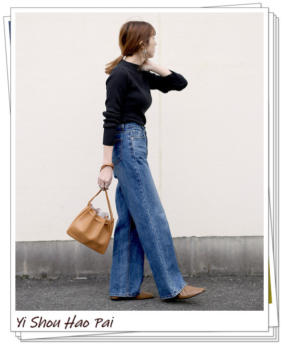 牛仔阔腿裤搭配不同上衣的秋季穿搭案例!展现简洁的轻熟女人味