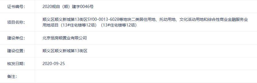 北京市顺义区|恒大顺义马坡新城住宅项目已取得建设工程规划许可证
