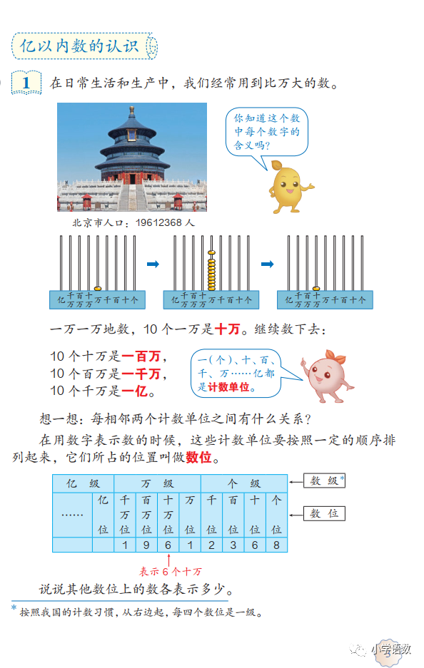 人教版四年級數學上冊第1單元億以內的計數單位及數位順序表