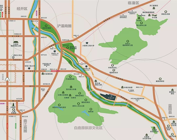 环绕着2100亩的白鹿原白鹿仓,1000亩的葡萄谷景区,3000亩的鲸鱼沟天然