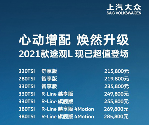 新款上汽大众途观l21 58万起售最高降2 6万 上汽大众途观l 330tsi 上汽大众 途观l R Line