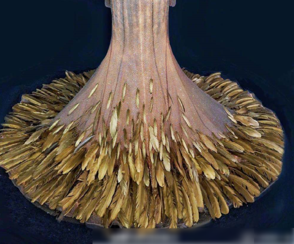 但是这套造型也引来了不少观众的吐槽,特别是这裙摆尾的羽毛造型,真的