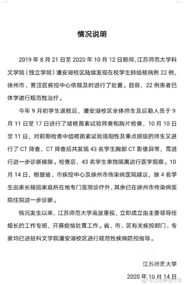 卫健委|江苏师范大学暴发肺结核数据：22名学生感染已休学治疗