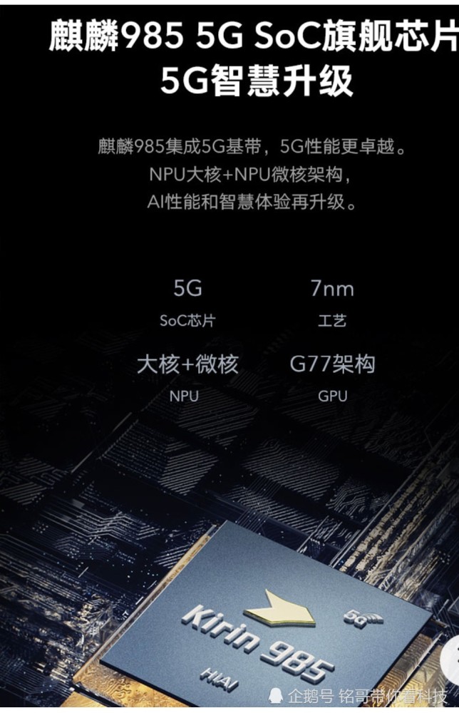 荣耀30搭载华为海思自研麒麟985 5gsoc旗舰芯片,麒麟985集成5g基带