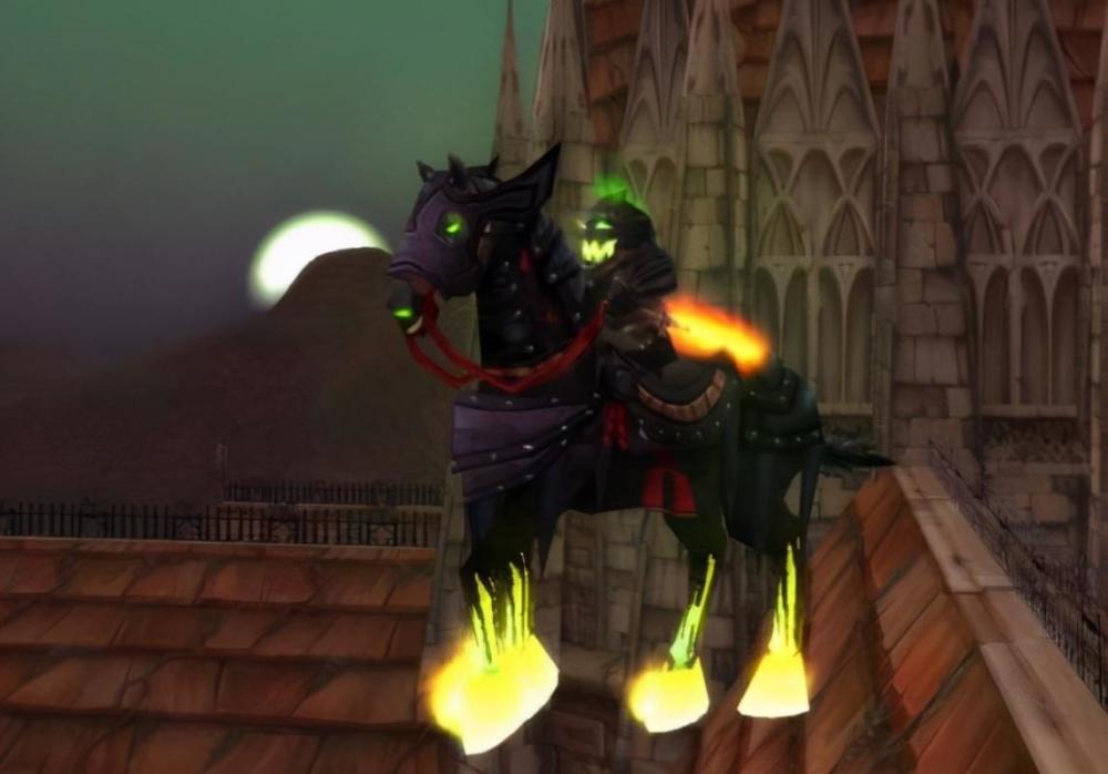 马可是唯一能在天上飞的马类坐骑,脚踏熊熊烈火,在沙塔斯骑一头无头马