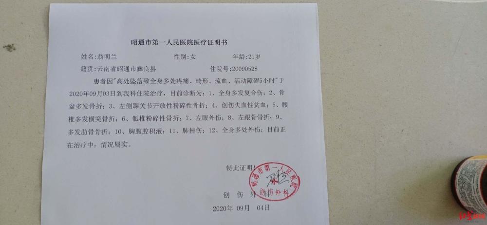 9月4日昭通市第一人民医院创伤外科所作的《医院医疗证明书》显示,翁