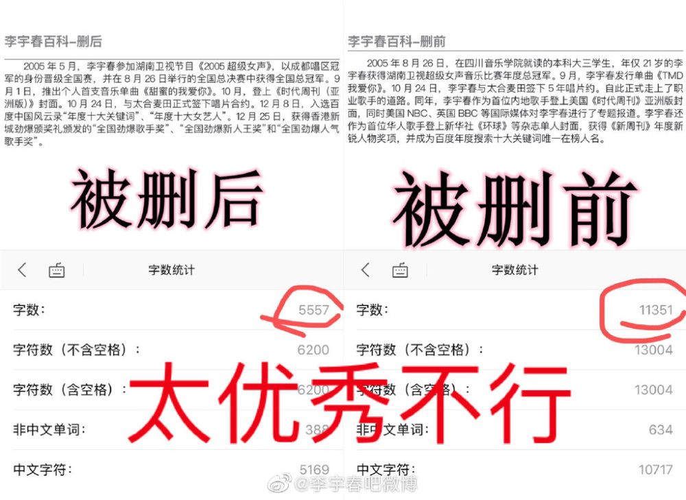 李宇春|李宇春百科遭恶意删除，字数缩水一半，学历奖项代言全“消失”了