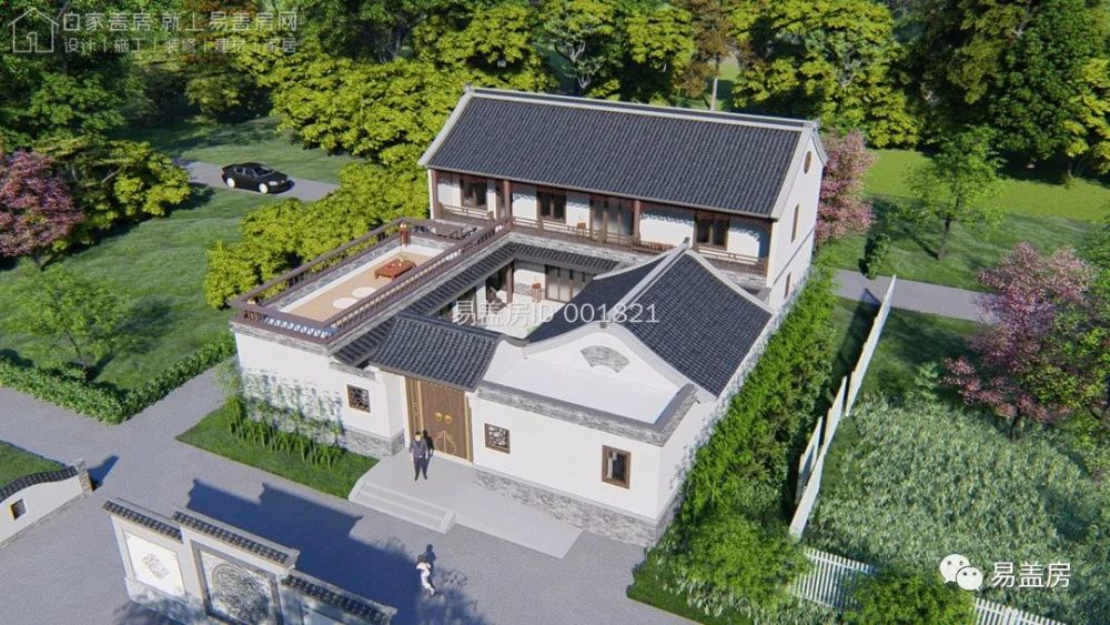 东南侧效果图建筑为中式风格的三合院形式,整体造型颇具复古韵味