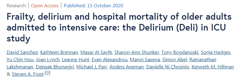 谵妄|Crit Care：重症监护病房老年人虚弱、谵妄与住院死亡率