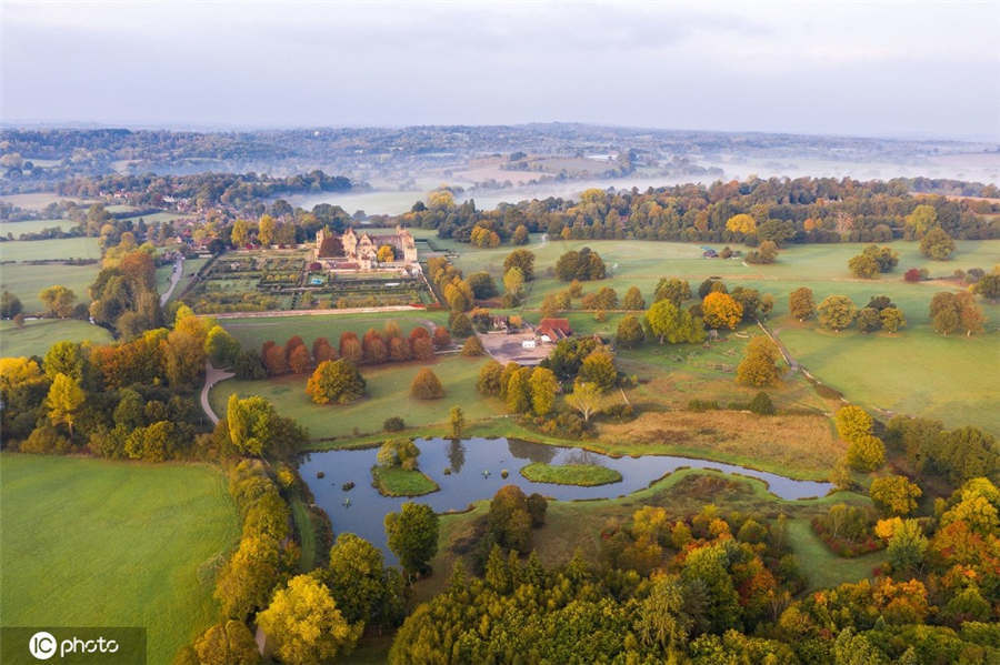 层林尽染美如油画!航拍英国彭斯赫斯特庄园秋意浓