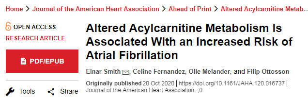 房颤|JAHA：酰基肉碱代谢改变与房颤风险增加有关