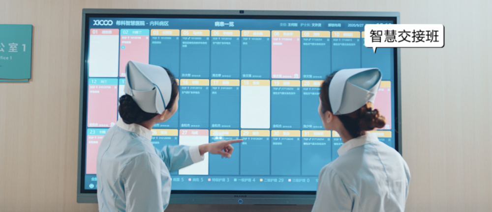 现在,医院通过智慧护士站交互大屏,智能交互床头屏,智能交互床旁屏等