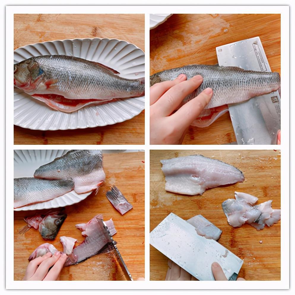 2,清洗干净的鲈鱼改刀,把鲈鱼从中间片开,鱼骨剁成大小均匀的块,鱼