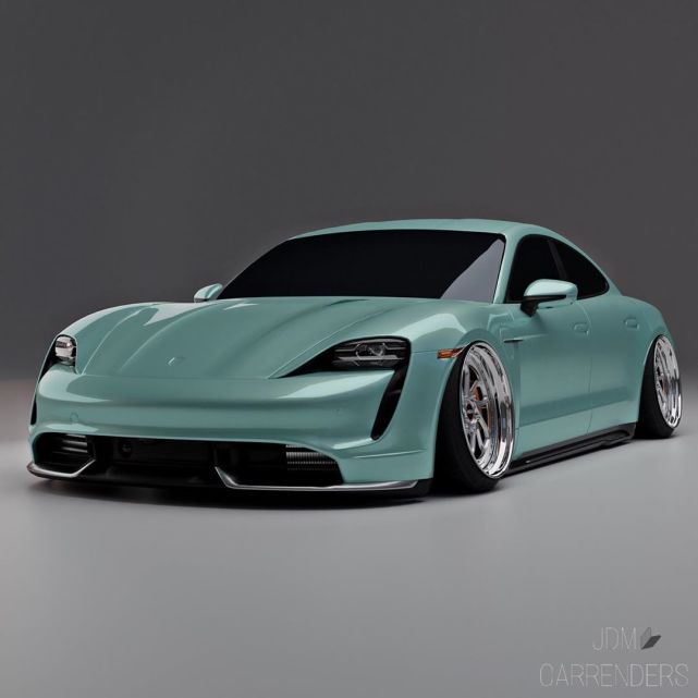 保时捷taycan蓝绿色的车身首款电动跑车的改装渲染