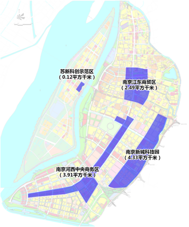 南京建邺高新区由: ●  江东商贸区 ●  南京新城科技园 ●  河西中央