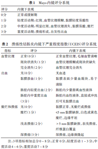 (6)内镜评分系统:推荐采用mayo 评分或uceis 评分,详见表1和2.