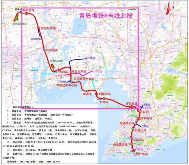 其中地铁8号线北段(胶州北站-青岛北站)全长48.