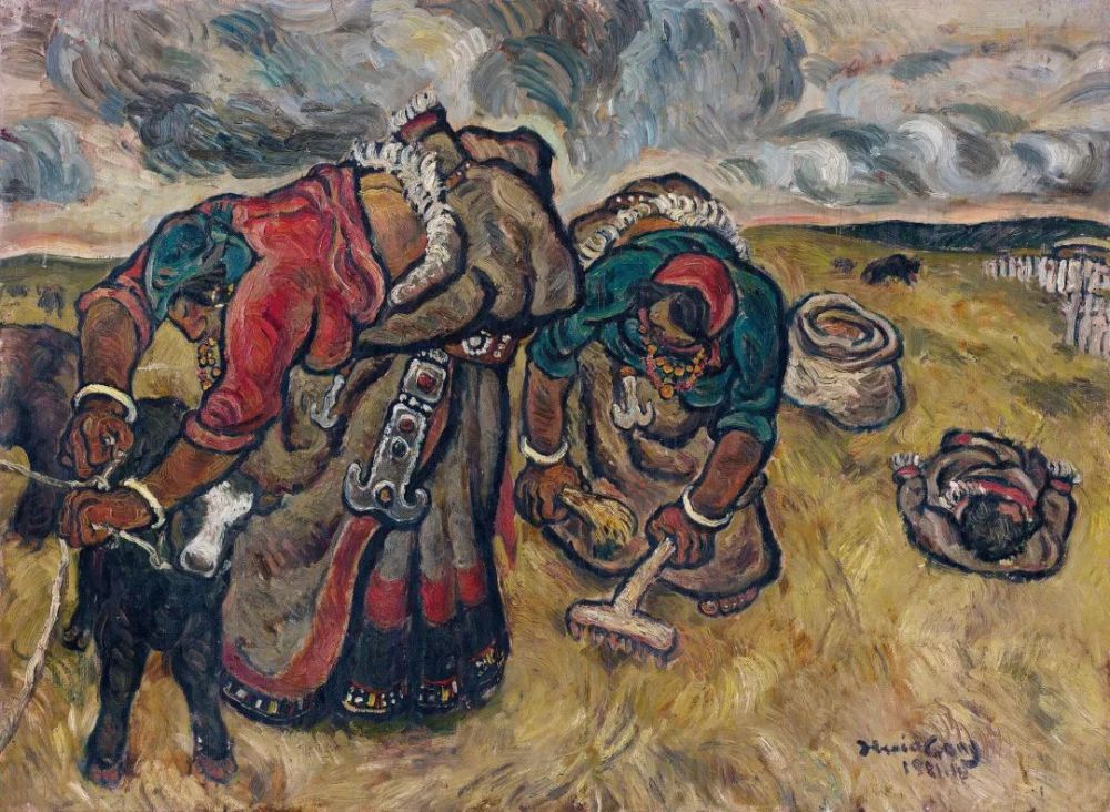 张晓刚 《草原组画:暴雨将至》 纸本油画 83x110cm 1981年莫也 《母与