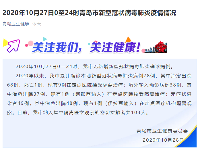 青岛10月27日无新增新冠肺炎确诊病例