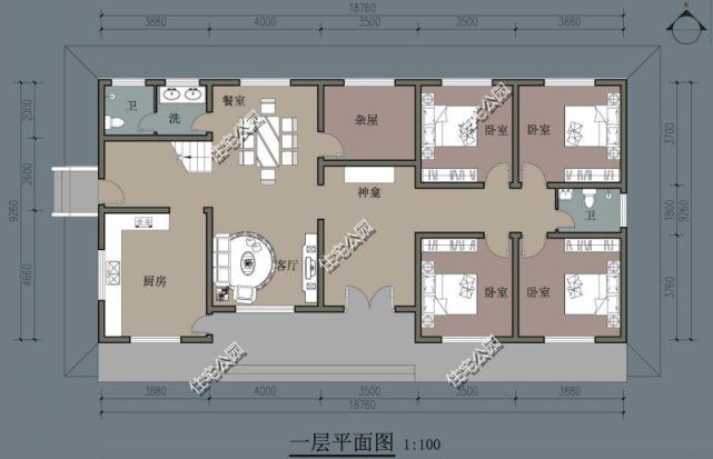 15米寬10米深兩側不能開窗的一層農村自建房如何設計