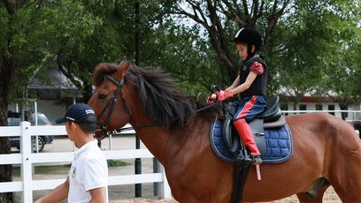 就能到马场和马儿亲密接触了 马术需要 人马配合,两心合一 非常锻炼