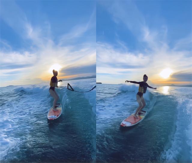 angelababy冲浪好帅气,掉海里不忘比心,超甜超可爱