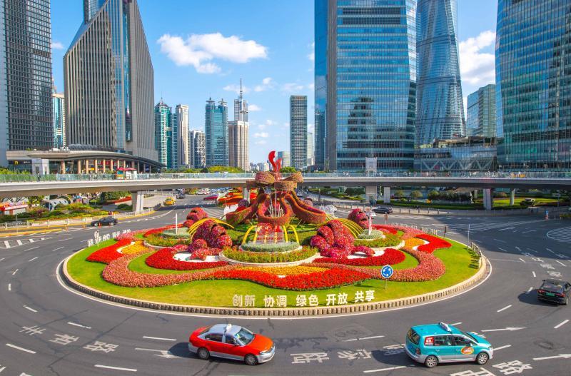 洋溢着喜庆浦东开发开放30周年大型立体花坛现身上海陆家嘴环岛