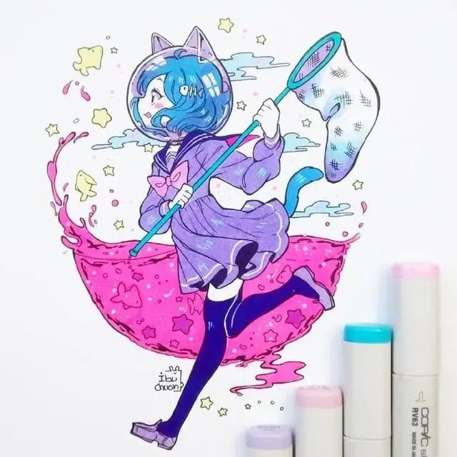 【马克笔插画】q版甜美动漫少女手绘素材